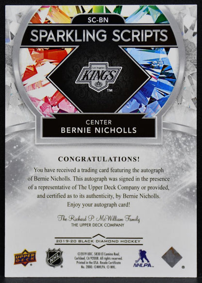 2019-20 UD Black Diamond Sparkling Scripts Bernie Nicholls SC-BN Kings Auto 5989