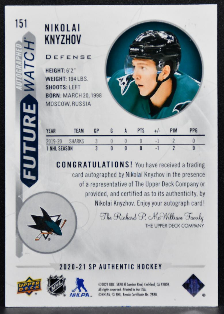 2020-21 SP Authentic Future Watch Auto Nikolai Knyzhov RC Auto 441/999 3913