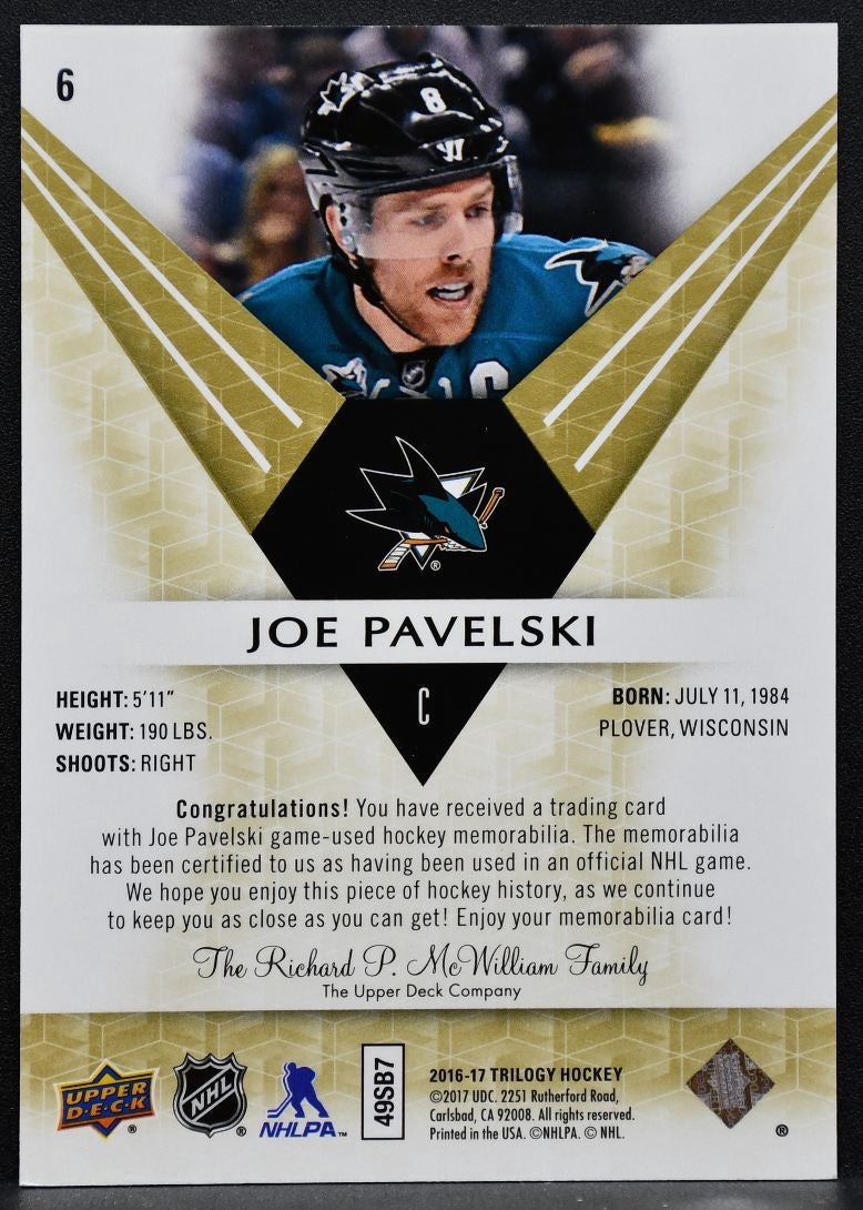 2016-17 UD Trilogy Green Career Stat Rainbow Foil Pavelski 138/212 Jersey 6380