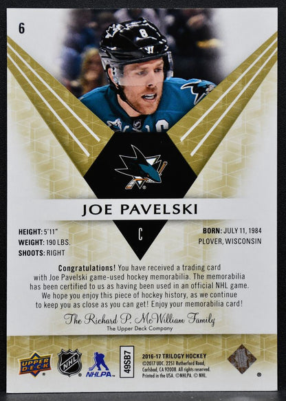 2016-17 UD Trilogy Green Career Stat Rainbow Foil Pavelski 138/212 Jersey 6380