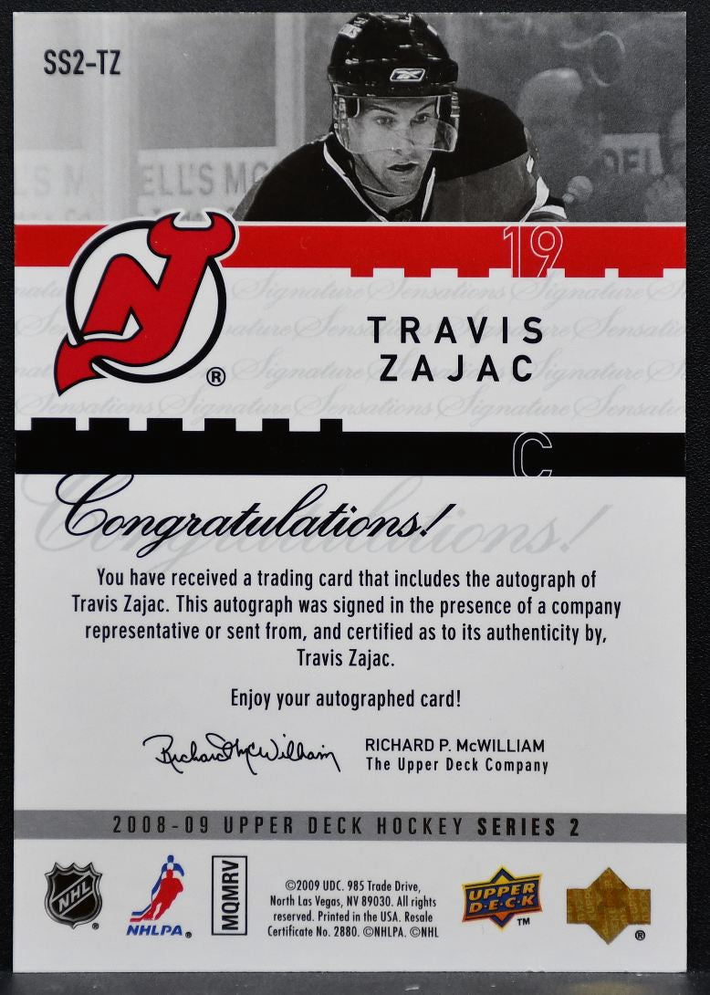 2008-09 Upper Deck Series 2 Signature Sensations Travis Zajac Devils Auto 1056