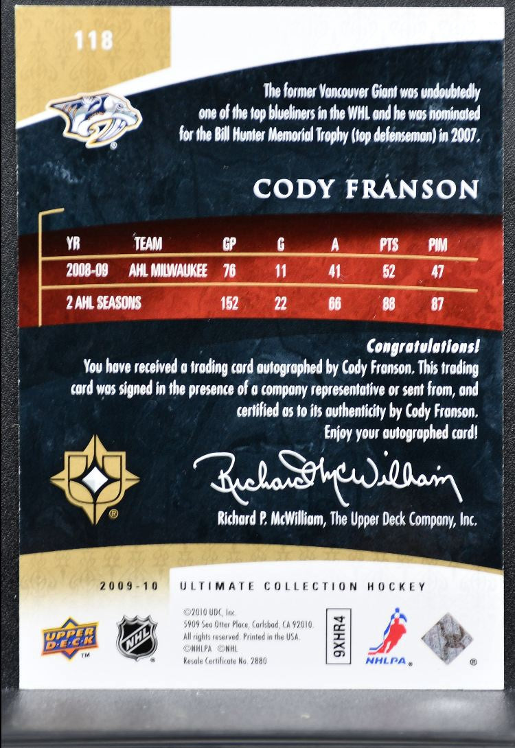 2009-10 UD Ultimate Collection Rookies Auto Cody Franson 118 RC Auto /299 7192