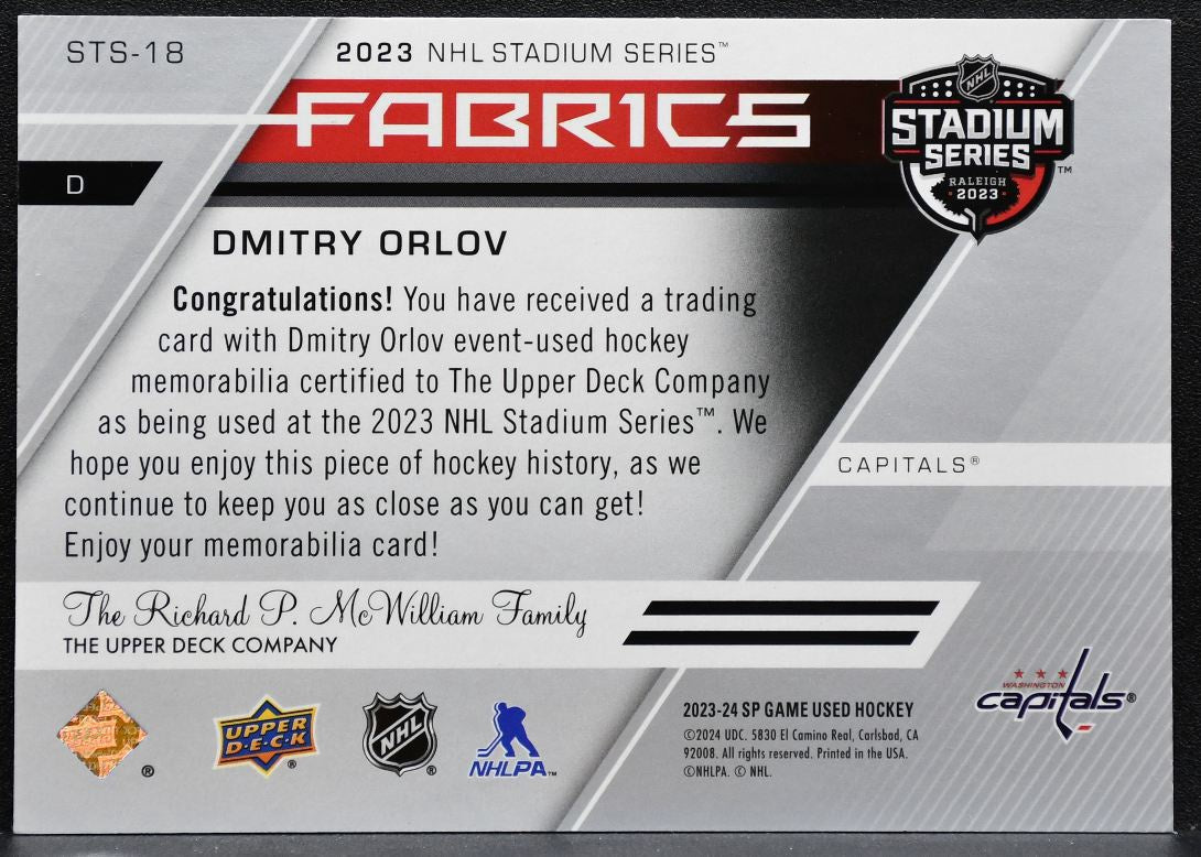2023-24 SP Game Used 2023 NHL Stadium Series Fabrics Orlov Capitals Jersey 4577