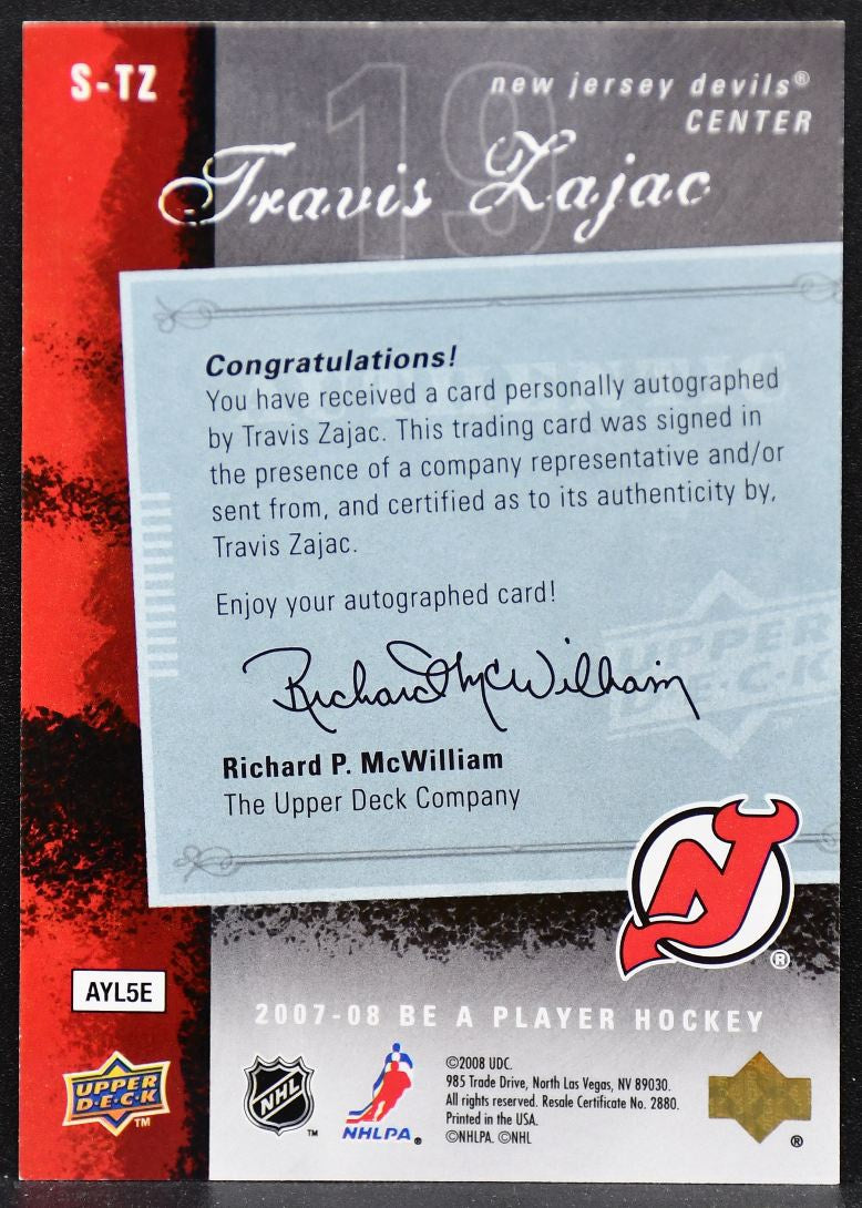 2007-08 Upper Deck Be a Player Signatures Travis Zajac S-TZ Devils Auto 6191