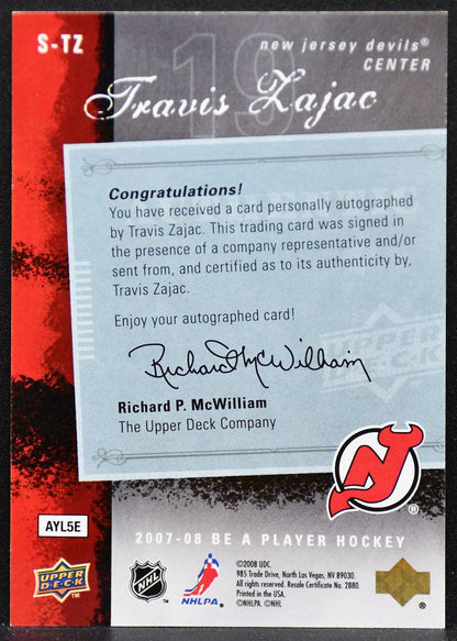 2007-08 Upper Deck Be a Player Signatures Travis Zajac S-TZ Devils Auto 6191