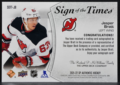2021-22 SP Authentic Sign of the Times Jesper Bratt SOTT-JB Devils Auto 7400