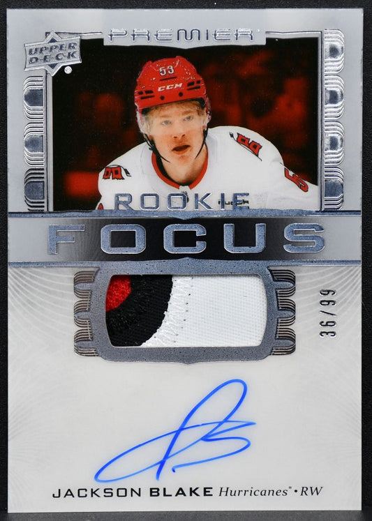 24-25 UD Premier RC Focus Jackson Blake PFR-JB Hurricanes RC Auto 36/99 Patch 9195