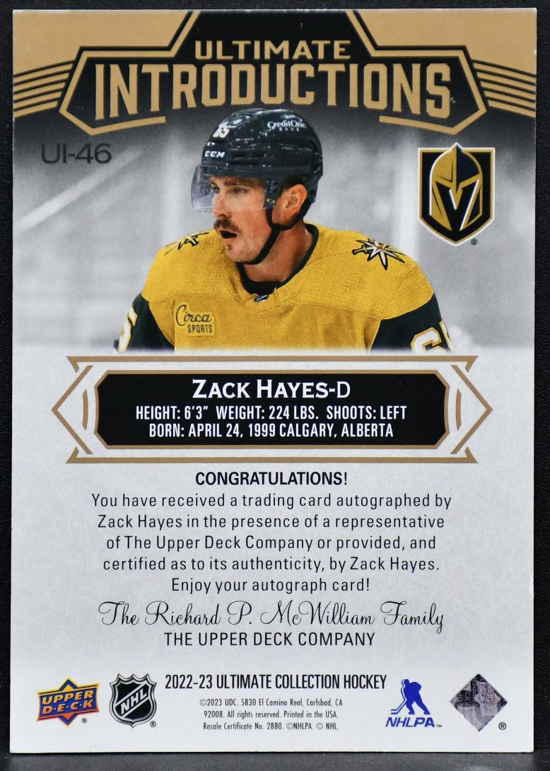 2022-23 UD Ultimate Collection Introductions Auto Zack Hayes UI-46 Vegas RC /50
