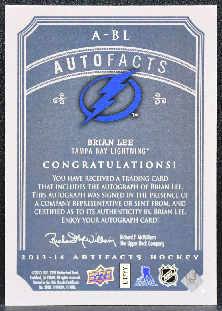 2013-14 Upper Deck Artifacts Autofacts Brian Lee A-BL Lightning Auto 5934