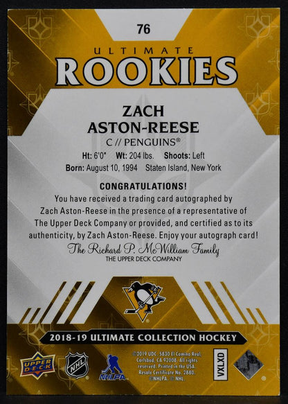 2018-19 UD Ultimate Collection Rookies Auto Zach Aston-Reese 76 RC Auto 150/299