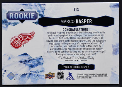2023-24 UD Ice Rookie Gold Auto Patch Marco Kasper 113 RC Auto 11/49 Patch