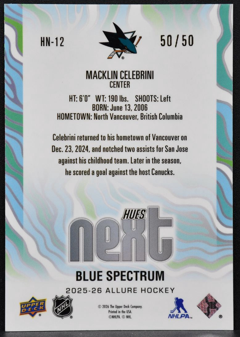 2025-26 Upper Deck Allure Hues Next Blue Spectrum Macklin Celebrini 50/50 1975