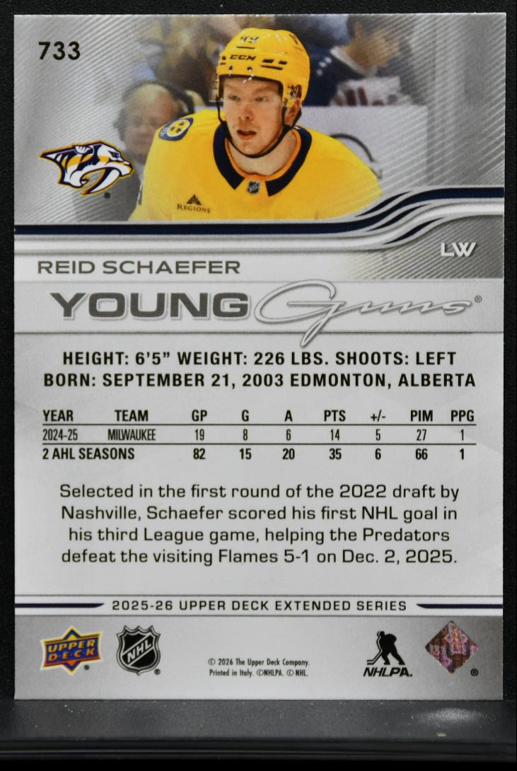 2025-26 Upper Deck Extended Series Young Guns Reid Schaefer Predators RC 9966