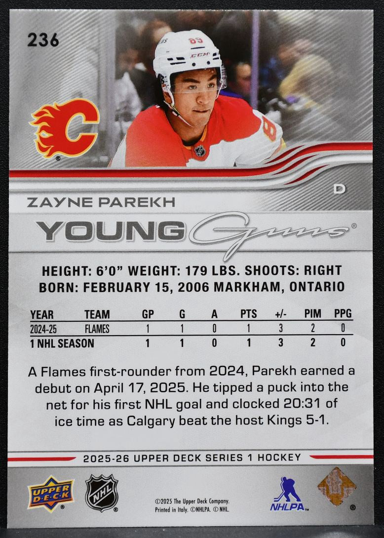 2025-26 Upper Deck Series 1 Young Guns Zayne Parekh 236 Calgary Flames RC 1815