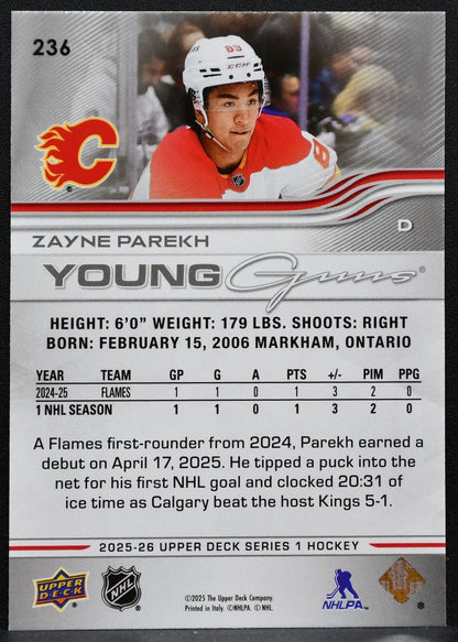 2025-26 Upper Deck Series 1 Young Guns Zayne Parekh 236 Calgary Flames RC 1815