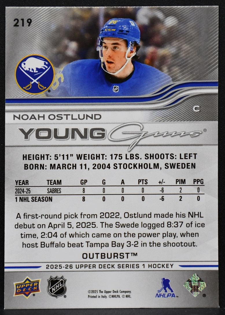 2025-26 UD Series 1 Young Guns Outburst Noah Ostlund 219 Buffalo Sabres RC 2364