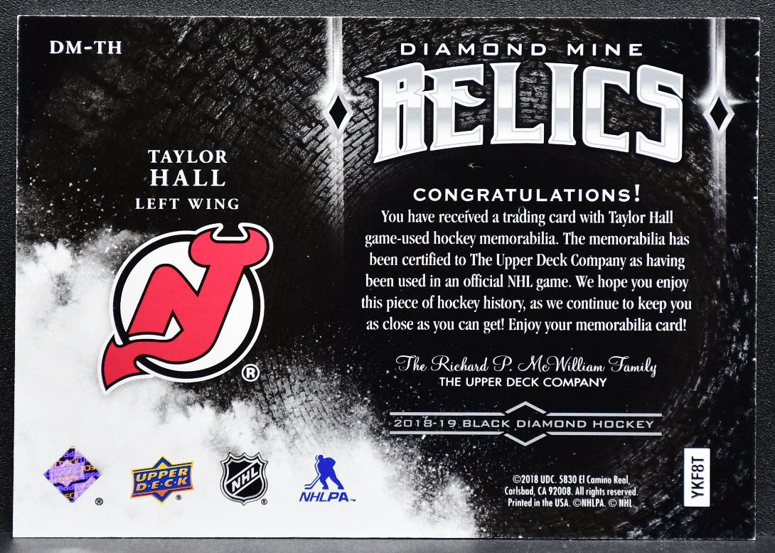 2018-19 UD Black Diamond Mine Relics Taylor Hall DM-TH Devils Jersey 4428