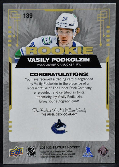 2021-22 UD Stature Rookie Red Auto Vasily Podkolzin 139 RC Auto