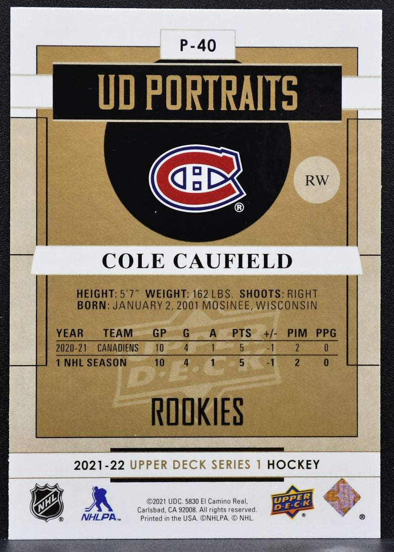 2021-22 UD Series 1 Rookie UD Portraits Cole Caufield P-40 Canadiens RC 8402