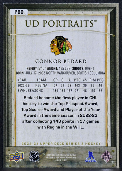 2023-24 Upper Deck Series 2 UD Portraits Connor Bedard P60 Chicago Blackhawks RC 4770