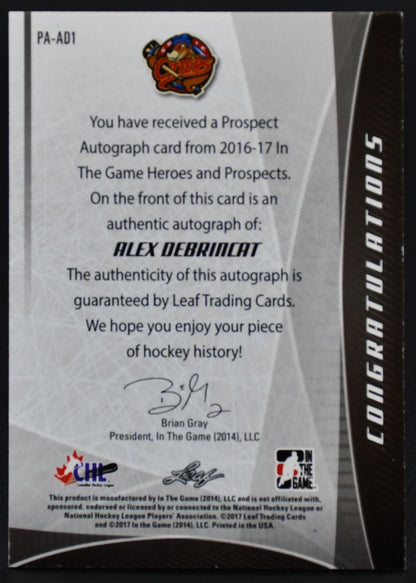 2016-17 Leaf In The Game Heroes and Prospects Signatures DeBrincat Otters Auto