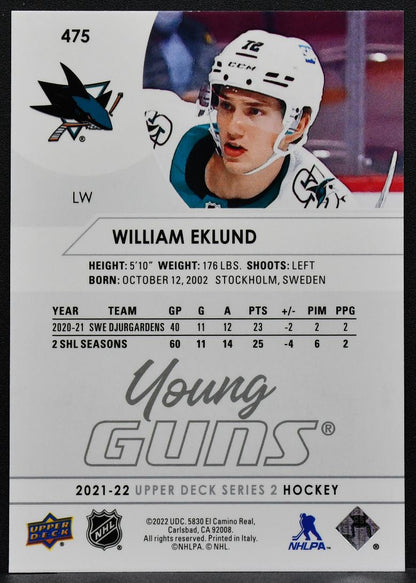 2021-22 Upper Deck Series 2 Young Guns William Eklund 475 RC 7749
