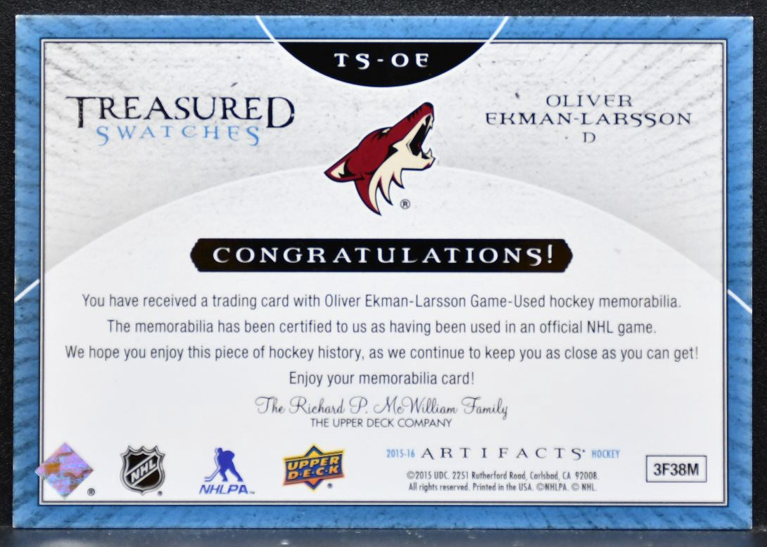 2015-16 UD Artifacts Treasured Swatches Blue Ekman-Larsson Jersey 8543