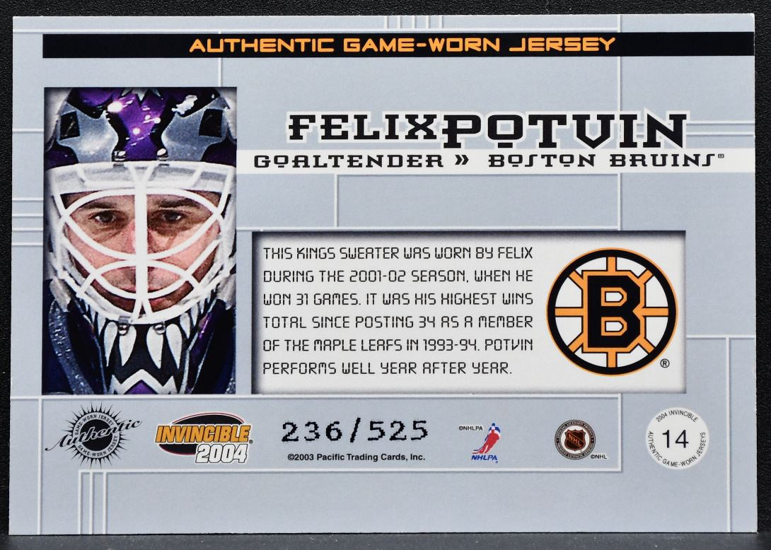2003-04 Pacific Invincible Jersey Felix Potvin 14 Boston Bruins Jersey 3513