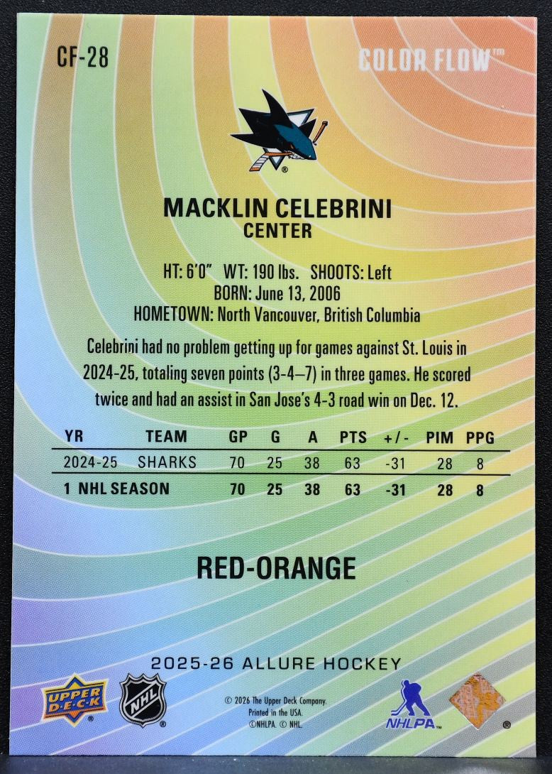 2025-26 UD Allure Color Flow Red-Orange Macklin Celebrini CF-28 Sharks 1778