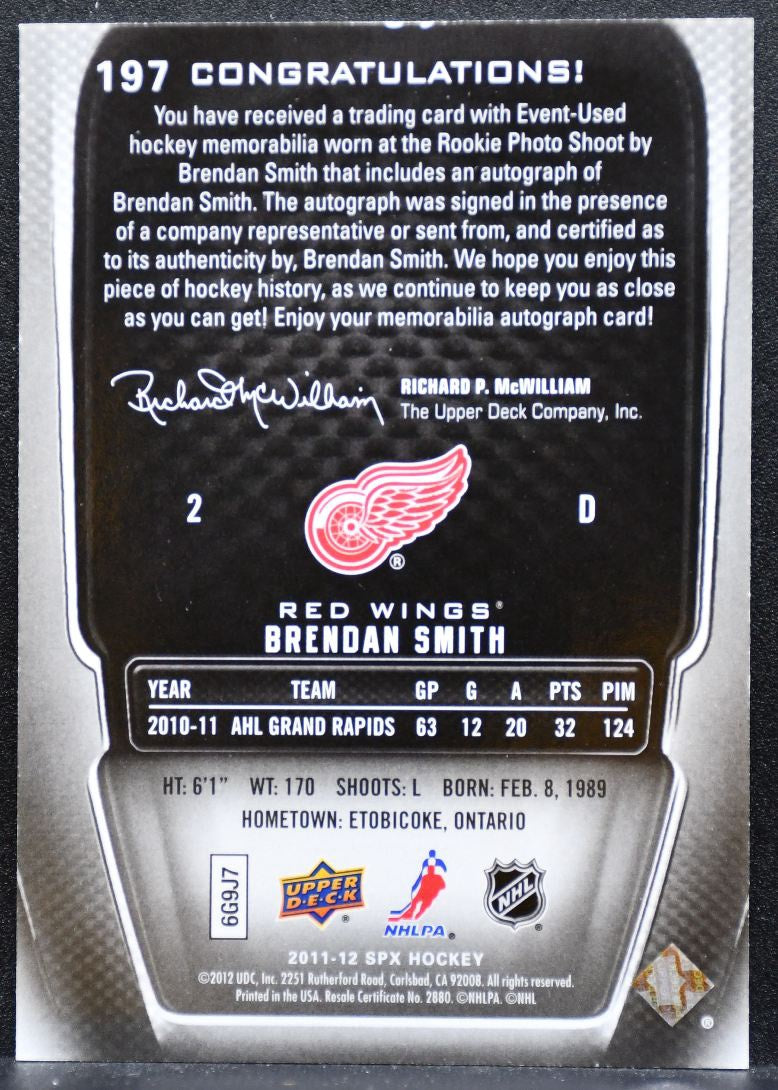 2011-12 SPx Rookie Jersey Auto Brendan Smith RC Auto 533/799 Jersey 6105