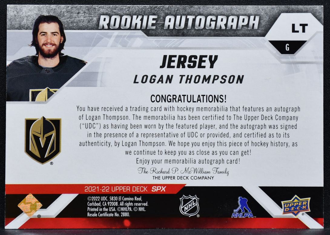 2021-22 SPx Rookie Auto Jersey Logan Thompson Golden Knights RC Auto Jersey 5913