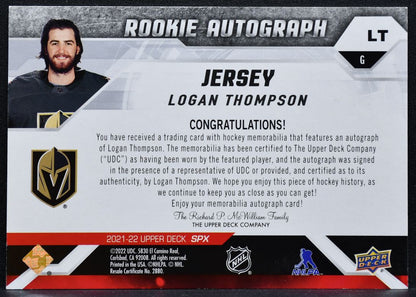 2021-22 SPx Rookie Auto Jersey Logan Thompson Golden Knights RC Auto Jersey 5913