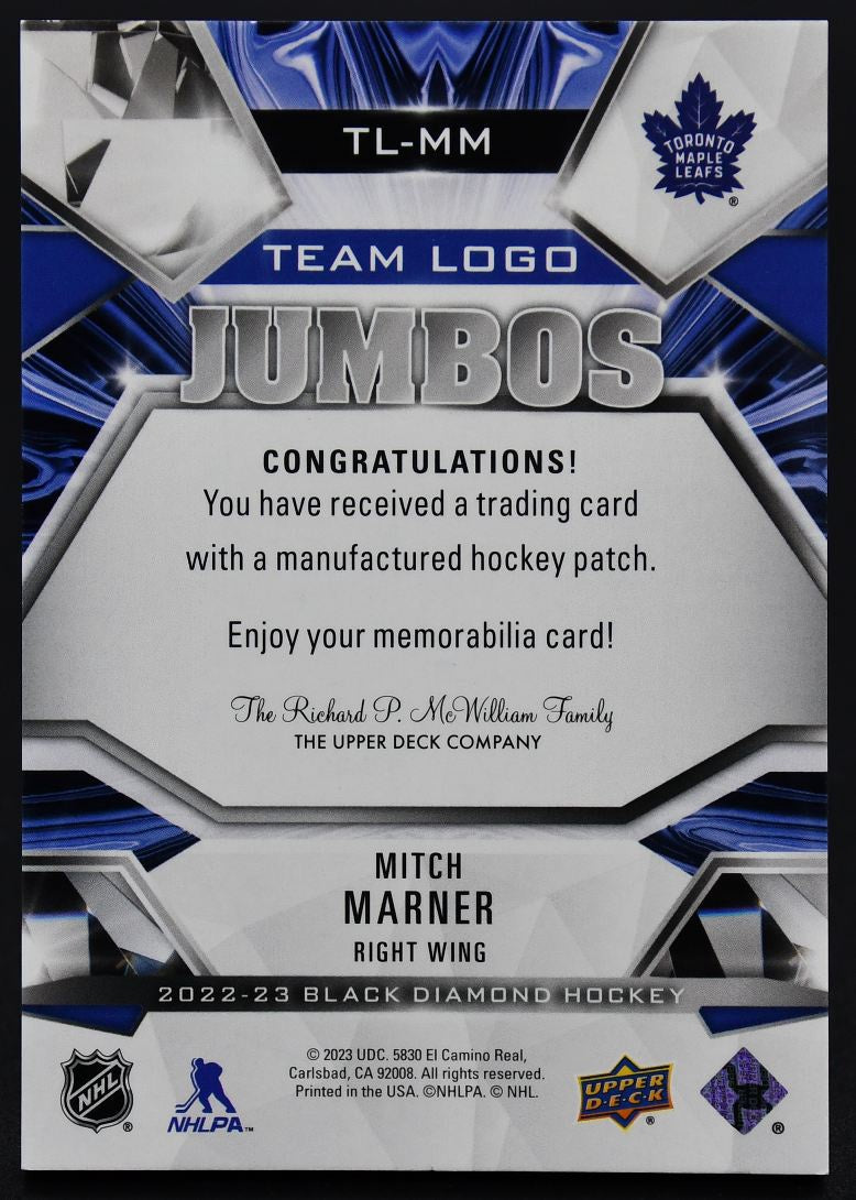 2022-23 UD Black Diamond Team Logo Jumbos Mitch Marner TL-MM Patch