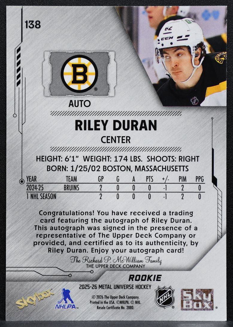 2025-26 Skybox Metal Universe Rookie Auto Riley Duran 138 Bruins RC Auto 8061