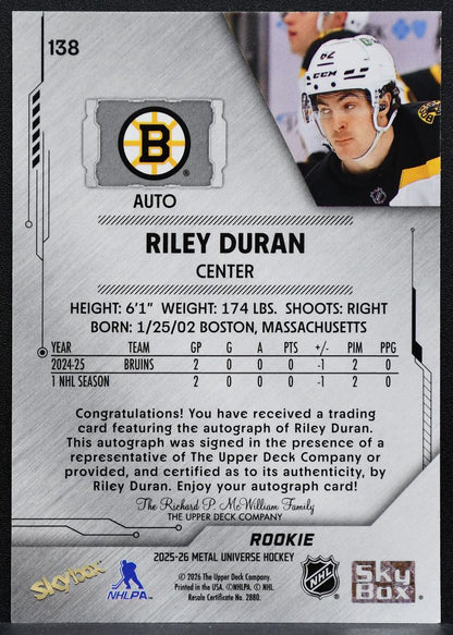 2025-26 Skybox Metal Universe Rookie Auto Riley Duran 138 Bruins RC Auto 8061