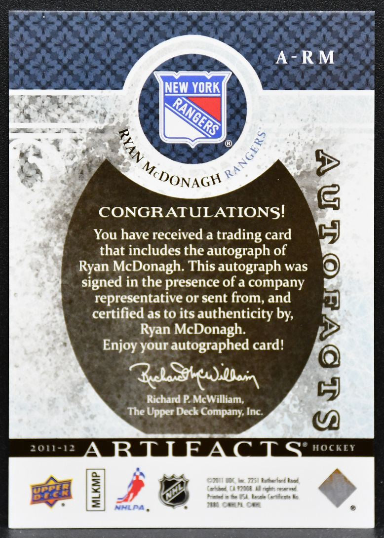 2011-12 Upper Deck Artifacts Autofacts Ryan McDonagh A-RM Rangers Auto 6092