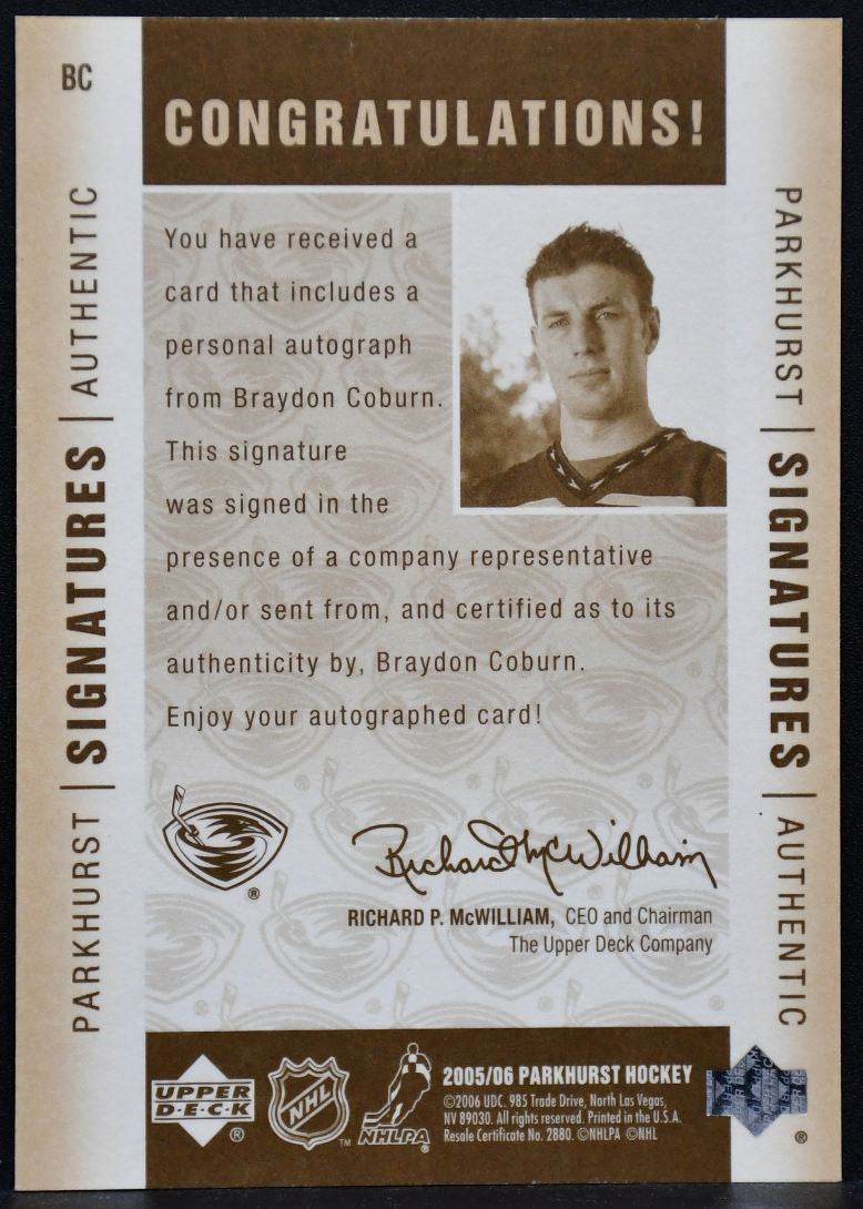 2005-06 Parkhurst Signatures Authentic Braydon Coburn BC Atlanta Thrashers Auto