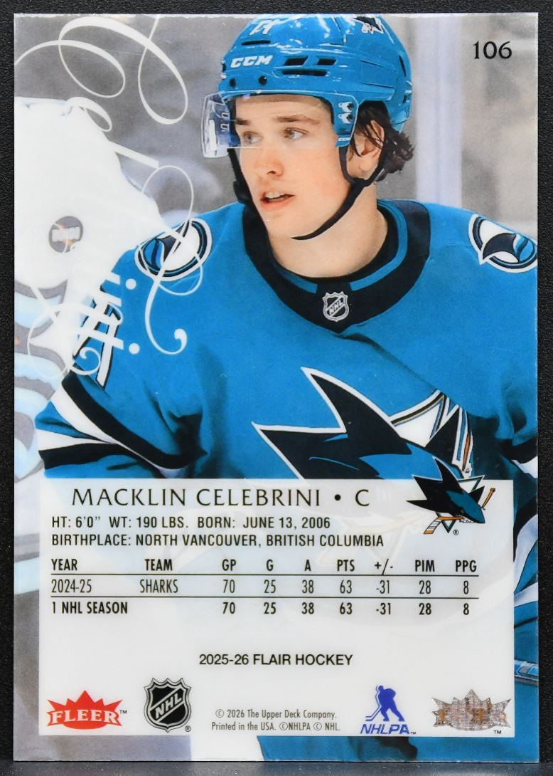 2025-26 Flair Macklin Celebrini 106 San Jose Sharks 4421