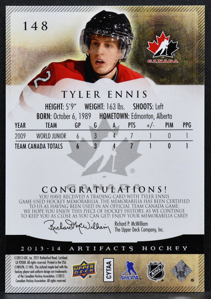2013-14 UD Artifacts Emerald Materials Tyler Ennis 148 Canada 67/75 Patch 3550