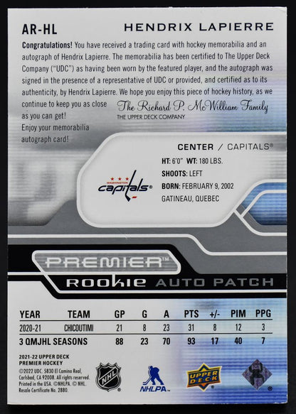 2021-22 UD Premier Rookie Auto Patch Lapierre AR-HL RC Auto 067/249 Patch