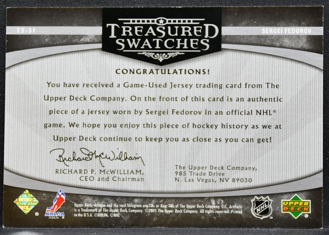 2005-06 UD Artifacts Treasured Swatches Silver Sergei Fedorov 08/50 Jersey 9226