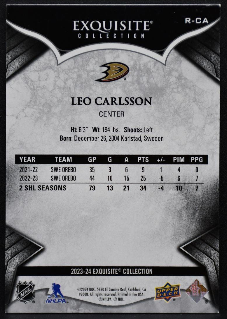 23-24 UD Black Diamond Exquisite Collection RCs Leo Carlsson Ducks RC /399 2318