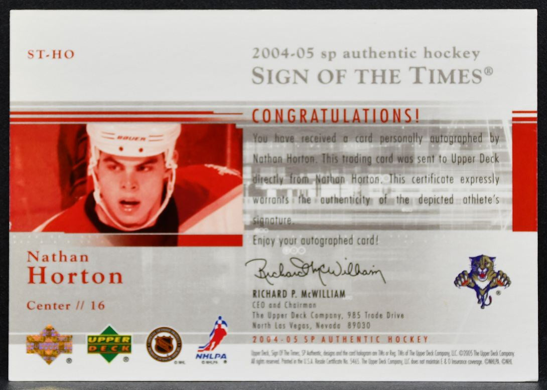 2004-05 SP Authentic Sign of the Times Nathan Horton ST-HO Panthers Auto 0829