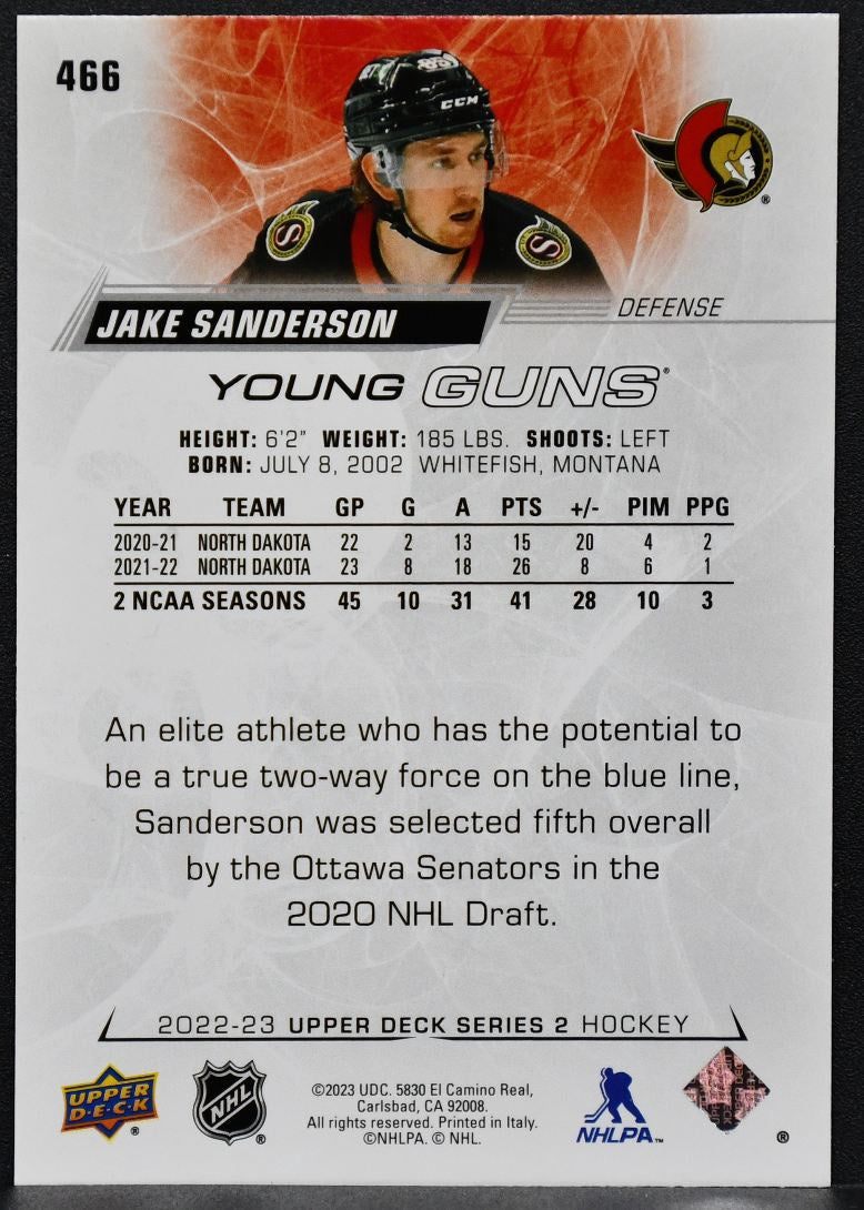 2022-23 Upper Deck Series 2 Young Guns Jake Sanderson 466 Ottawa Senators RC 5043