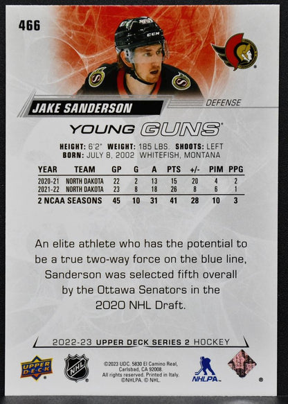 2022-23 Upper Deck Series 2 Young Guns Jake Sanderson 466 Ottawa Senators RC 5043