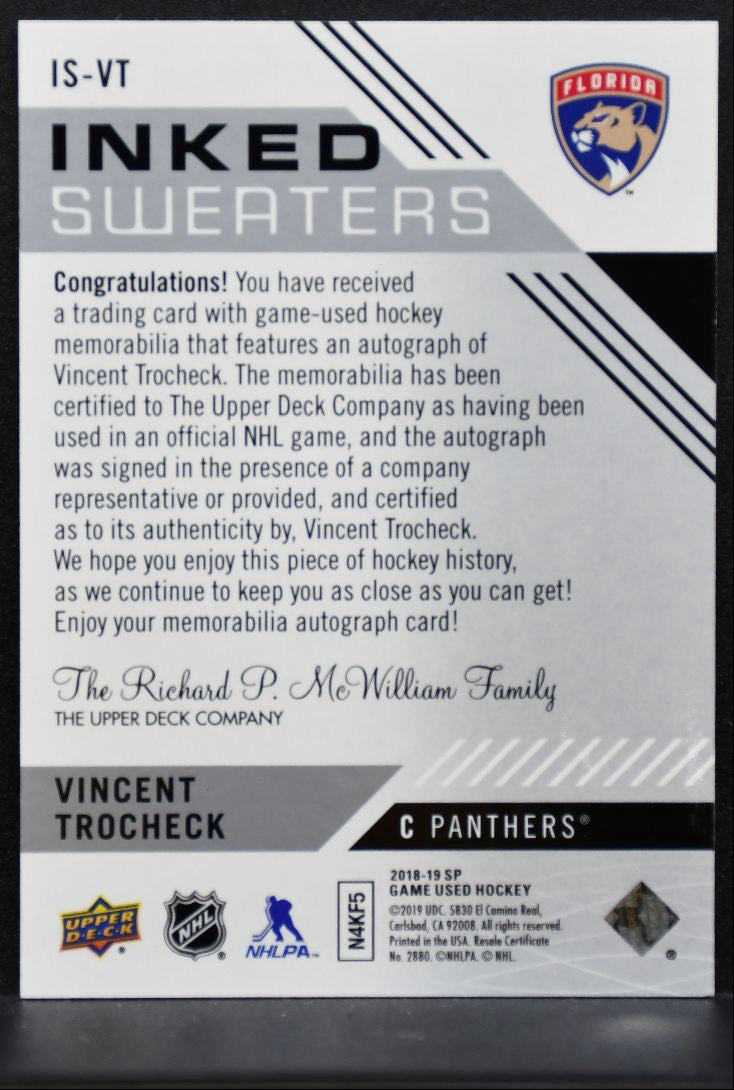 2018-19 SP Game Used Inked Sweaters Vincent Trocheck Auto 52/99 Jersey 2974