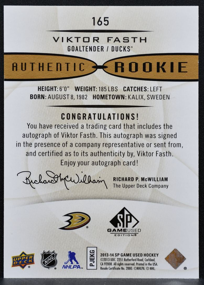 2013-14 SP Game Used Authentic Rookie Auto Viktor Fasth RC Auto 2657