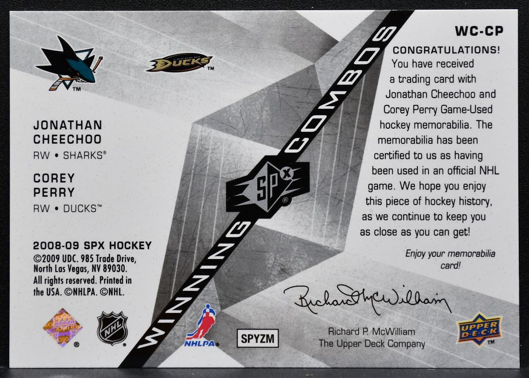 2008-09 SPx Winning Combos Jonathan Cheechoo/Corey Perry Jersey 2295