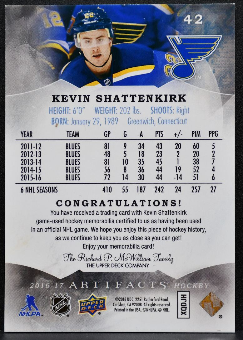2016-17 UD Artifacts Emerald Materials Kevin Shattenkirk 42 Blues Jersey 2386