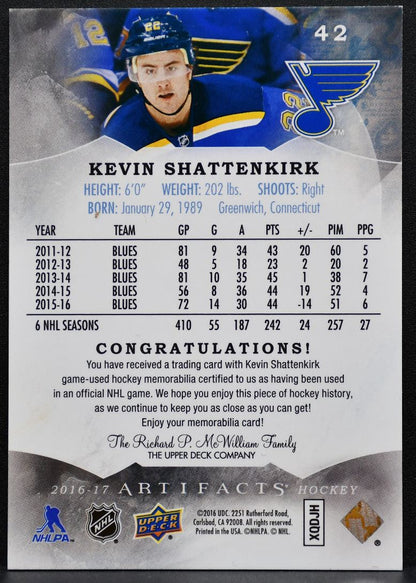 2016-17 UD Artifacts Emerald Materials Kevin Shattenkirk 42 Blues Jersey 2386